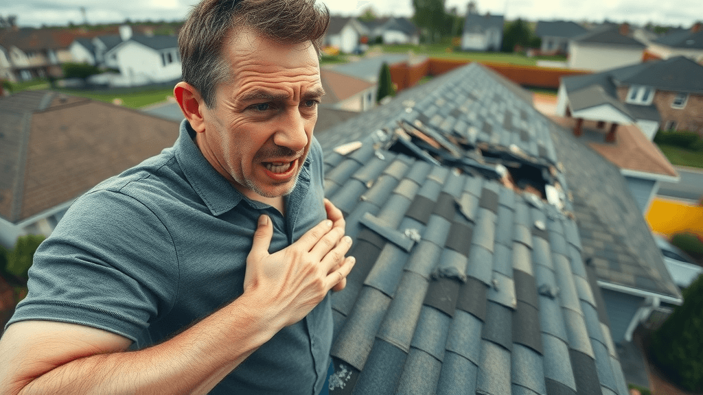 A high-angle view of a damaged roof with wind-swept shingles in a suburban neighborhood.