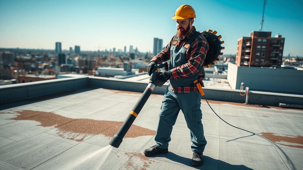 Worker using long brush to clean a flat roof, flat roof maintenance, commercial building roof cleaning, photorealistic
