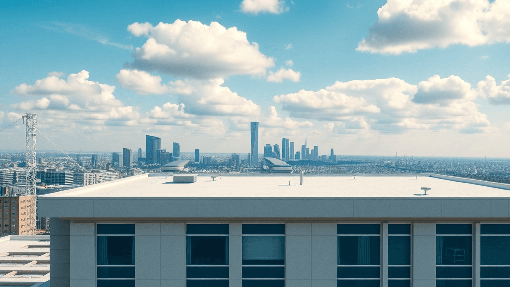 clean modern commercial building with a pristine flat roof, flat roof maintenance, city skyline, high fidelity photorealistic architecture
