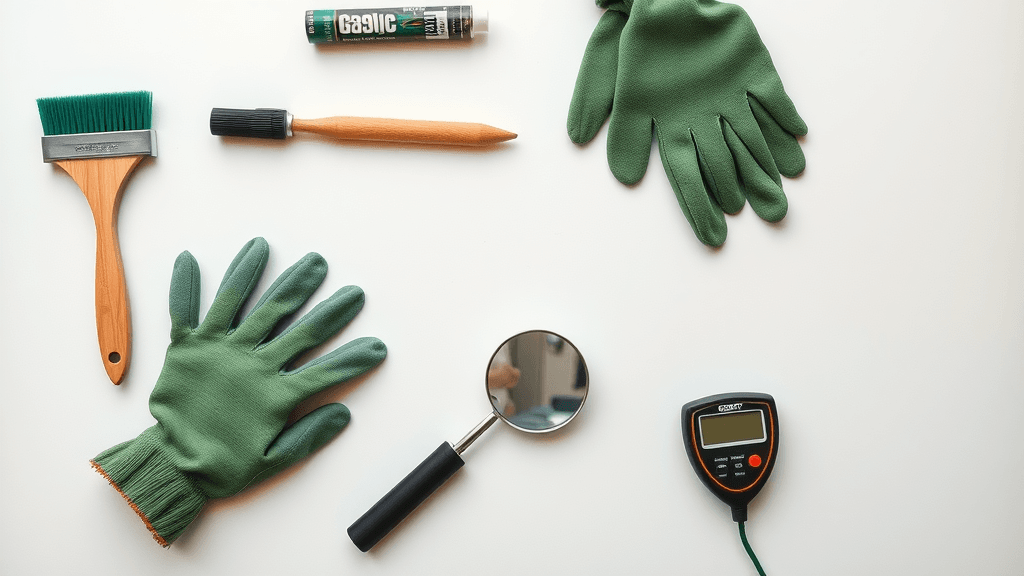 Top-down view of essential flat roof maintenance tools, brush, gloves, sealant, digital moisture meter, flat roof maintenance, neat tabletop