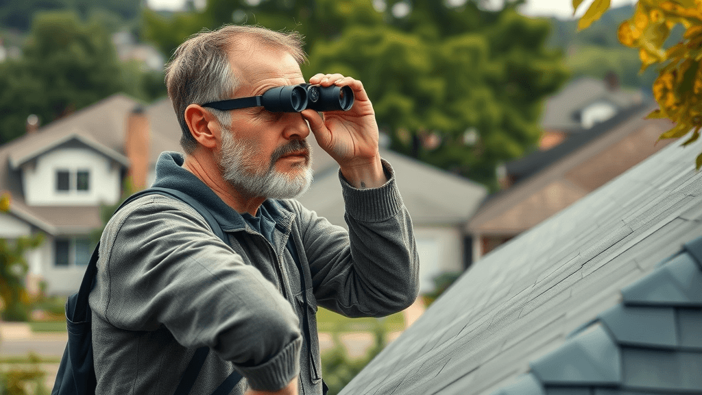 concerned homeowner inspecting rooftop with binoculars using roof inspection checklist in suburban neighborhood