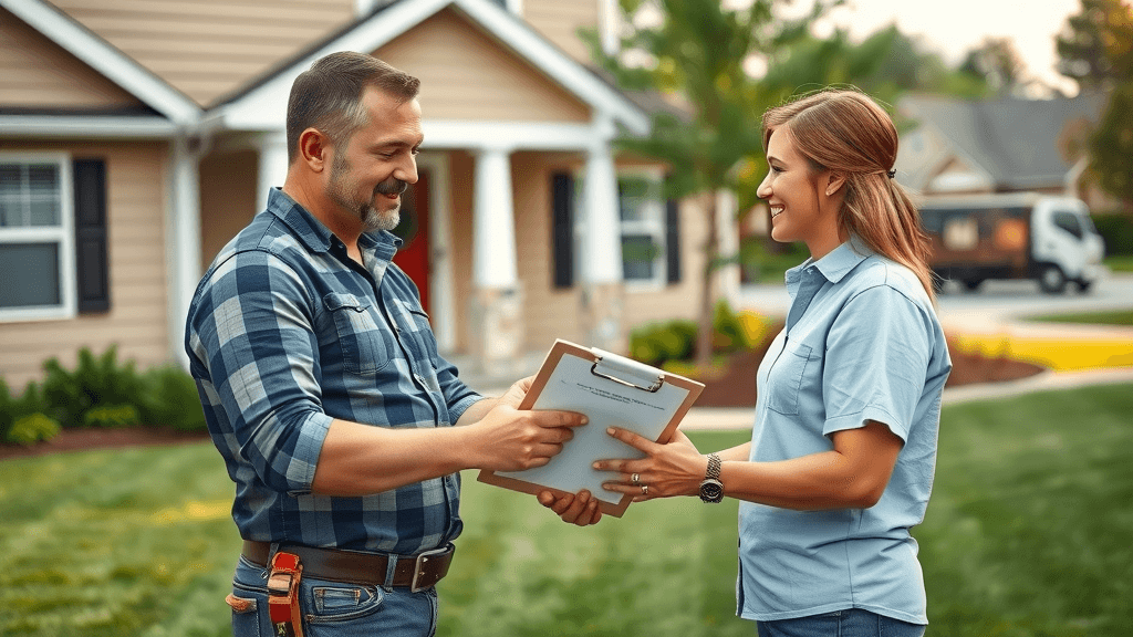 roofing contractor and homeowner reviewing cost estimate for roof replacement