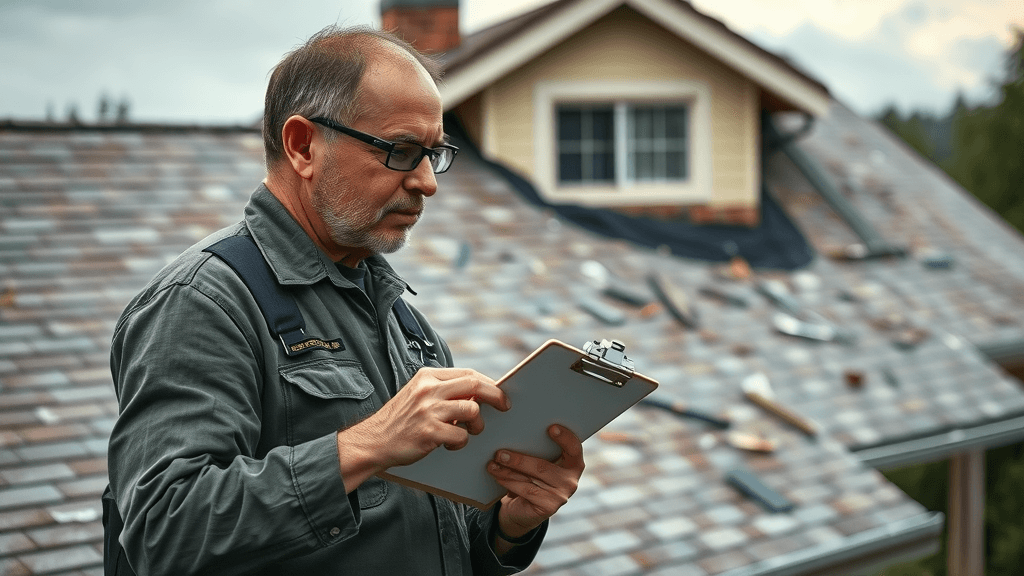 insurance adjuster documenting storm damage for roof inspection checklist and insurance claims
