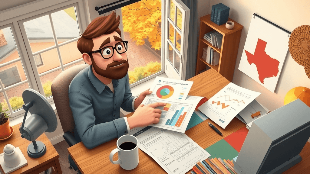 homeowner planning energy-efficient roofing project, reviewing charts and blueprints, Texas map, cozy workspace