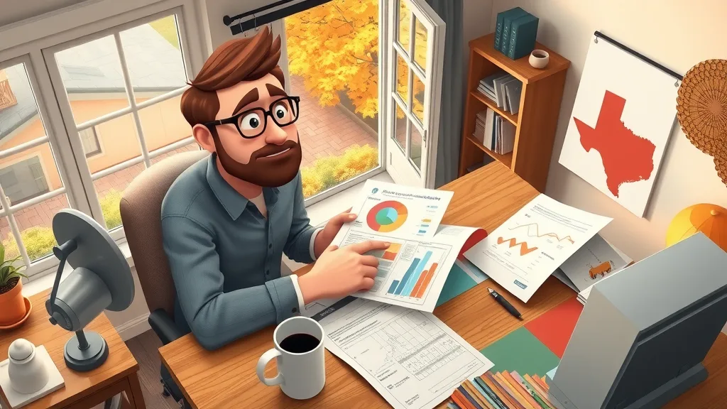 homeowner planning energy-efficient roofing project, reviewing charts and blueprints, Texas map, cozy workspace