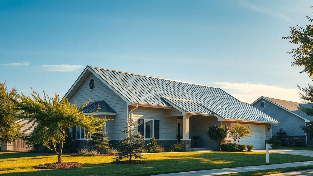 sleek suburban home with a metal roof, modern and appealing under a blue sky, showcasing metal roofing for homes