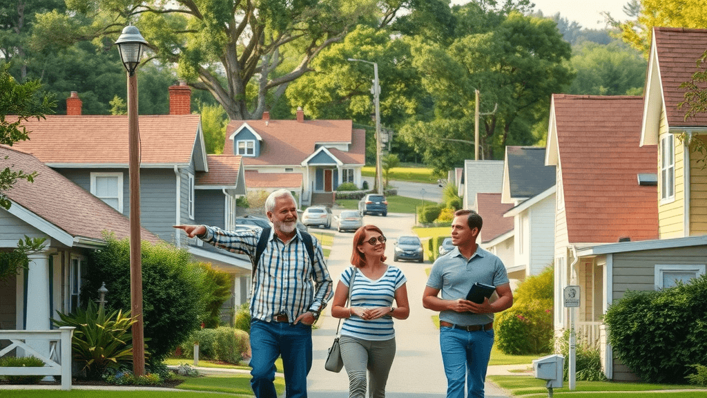 vintage American neighborhood with asphalt shingles, cheerful homeowners inspecting roofs
