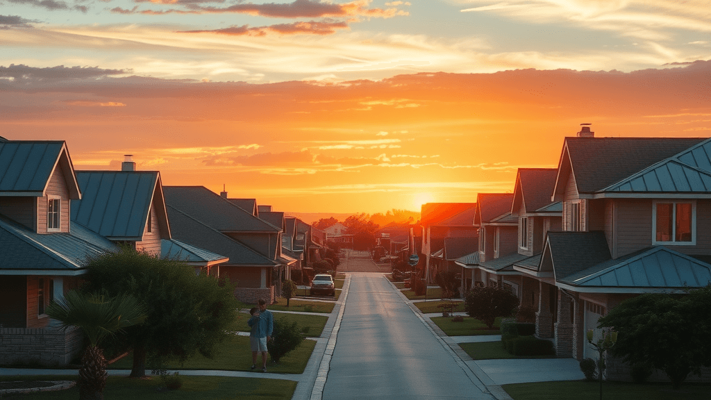 serene Texas neighborhood at sunset with cool roofing, metal roofs, energy-efficient homes, peaceful families outdoors