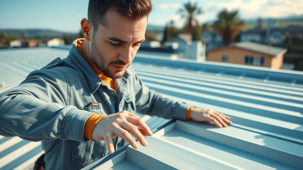 closeup of a contractor inspecting a metal roof for homes, demonstrating simple maintenance and longevity