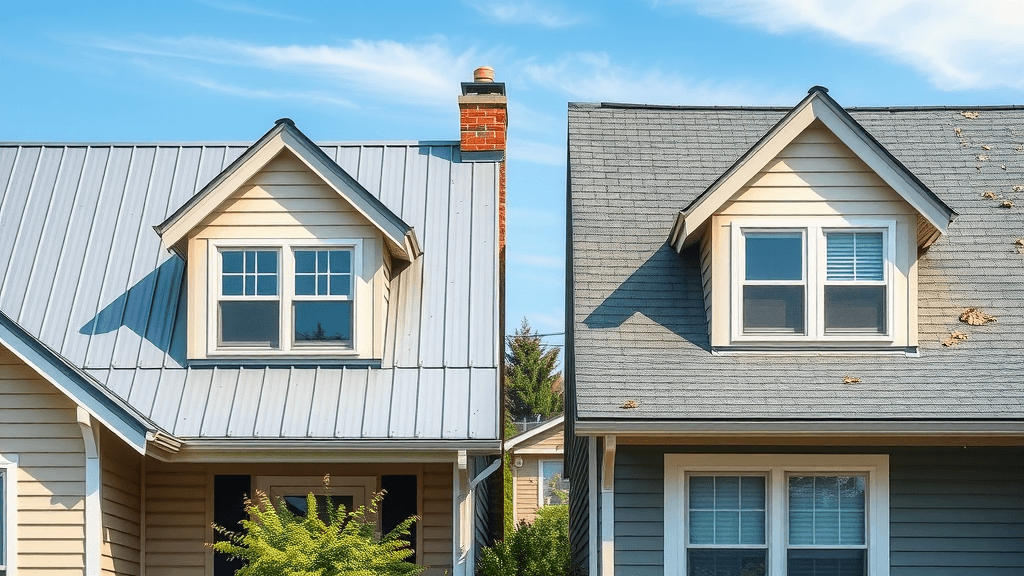 side-by-side comparison of homes with metal roofing and asphalt shingles, highlighting key differences for homeowners