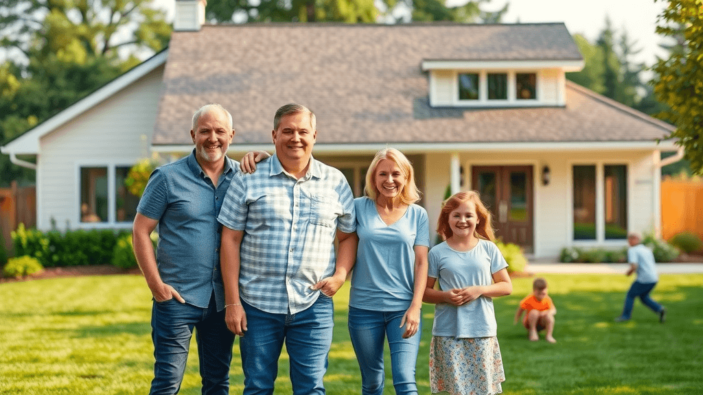 happy family admiring new asphalt shingle roof outside modern home