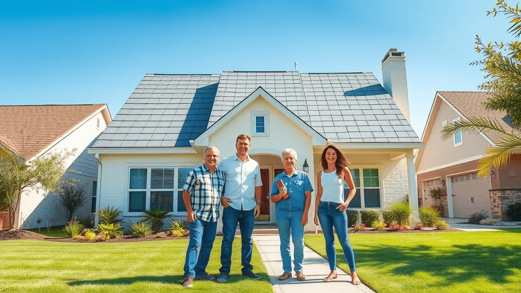 energy-efficient roofing on a bright modern Texas home, cool roof visible, happy family, suburban setting