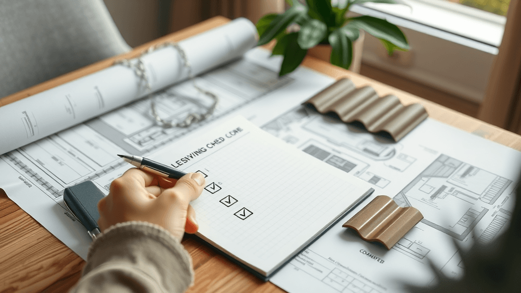 notepad checklist with metal roofing for homes samples and blueprints, illustrating important considerations