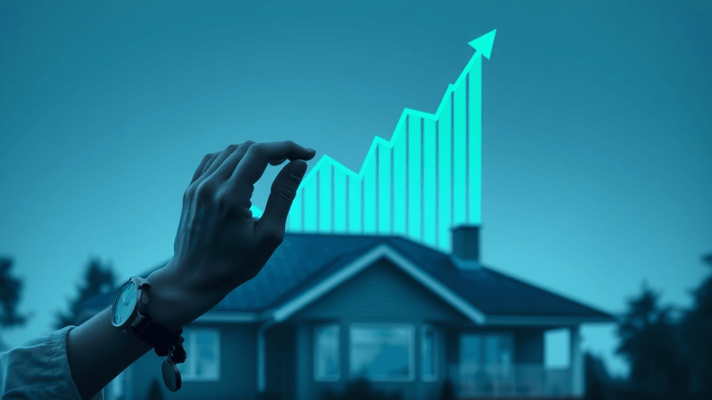 financial chart with upward trend over asphalt shingle roof silhouette
