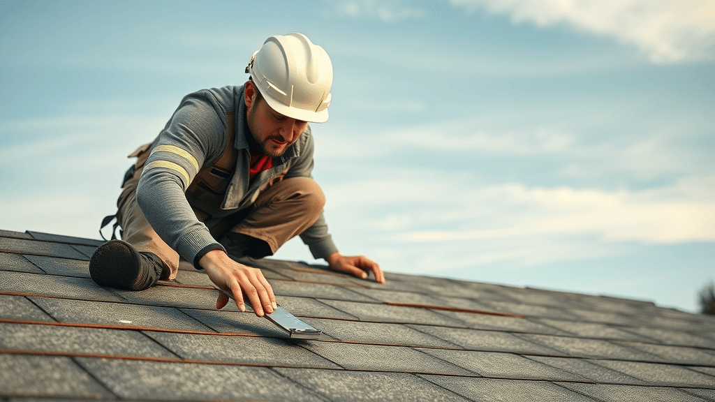 experienced roofer installing asphalt shingles on residential rooftop