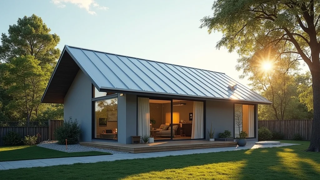 Modern house with highly reflective metal roof, illustrating how residential metal roofing bounces sunlight and lowers cooling costs.